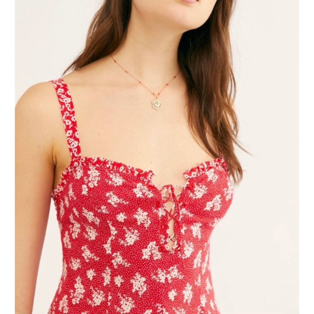 NWT FREE PEOPLE Red Ditsy Floral Don't Dare Mixed Print Mini Slip Dress Sz S - Picture 4 of 7